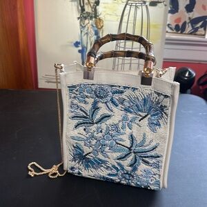 Women's White Tote with Blue Floral Beadwork and Bamboo Handles